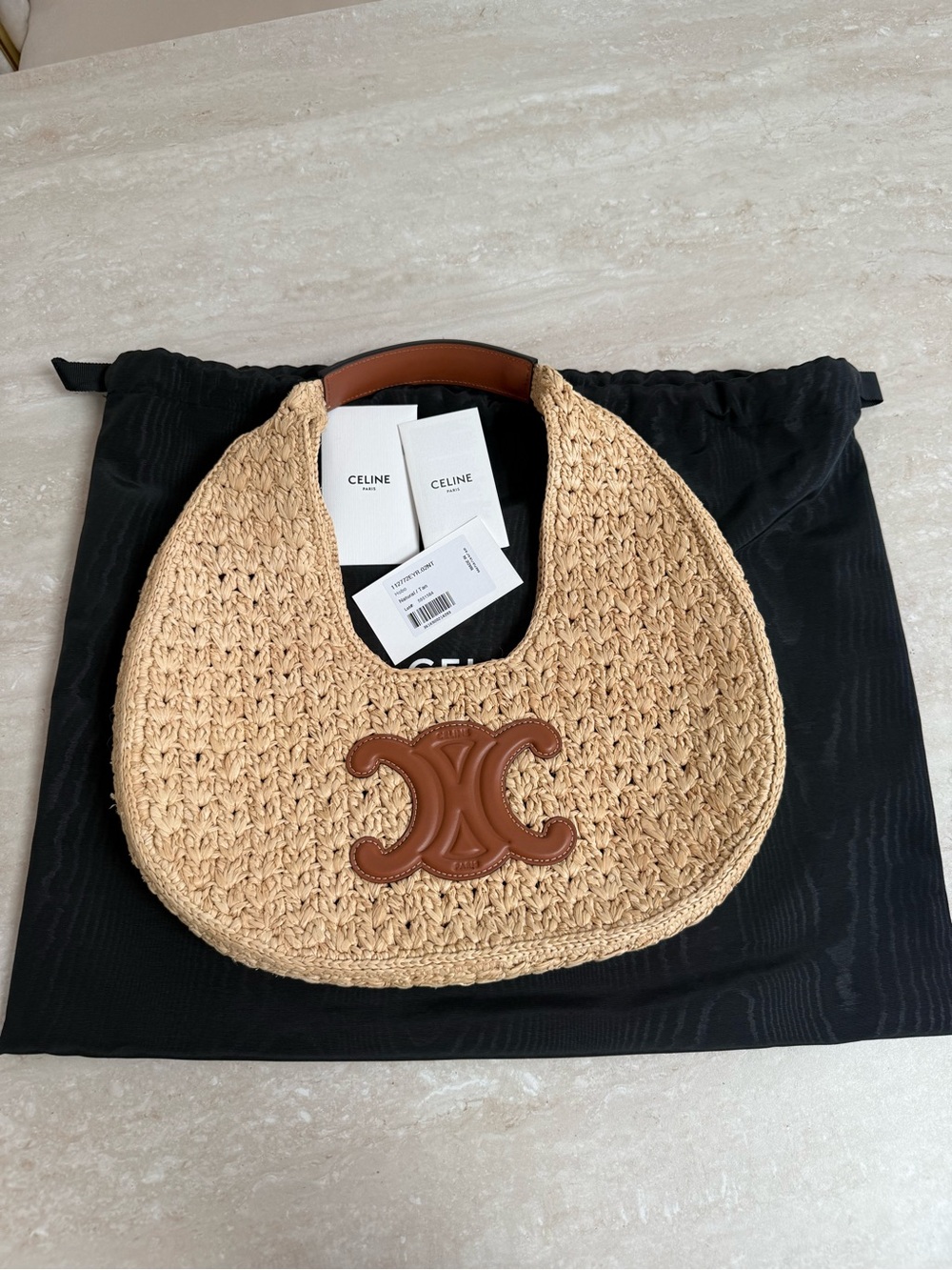 Celine Natural Raffia Shoulder Bag with Calfskin Leather Triomphe - Picture 2 of 7